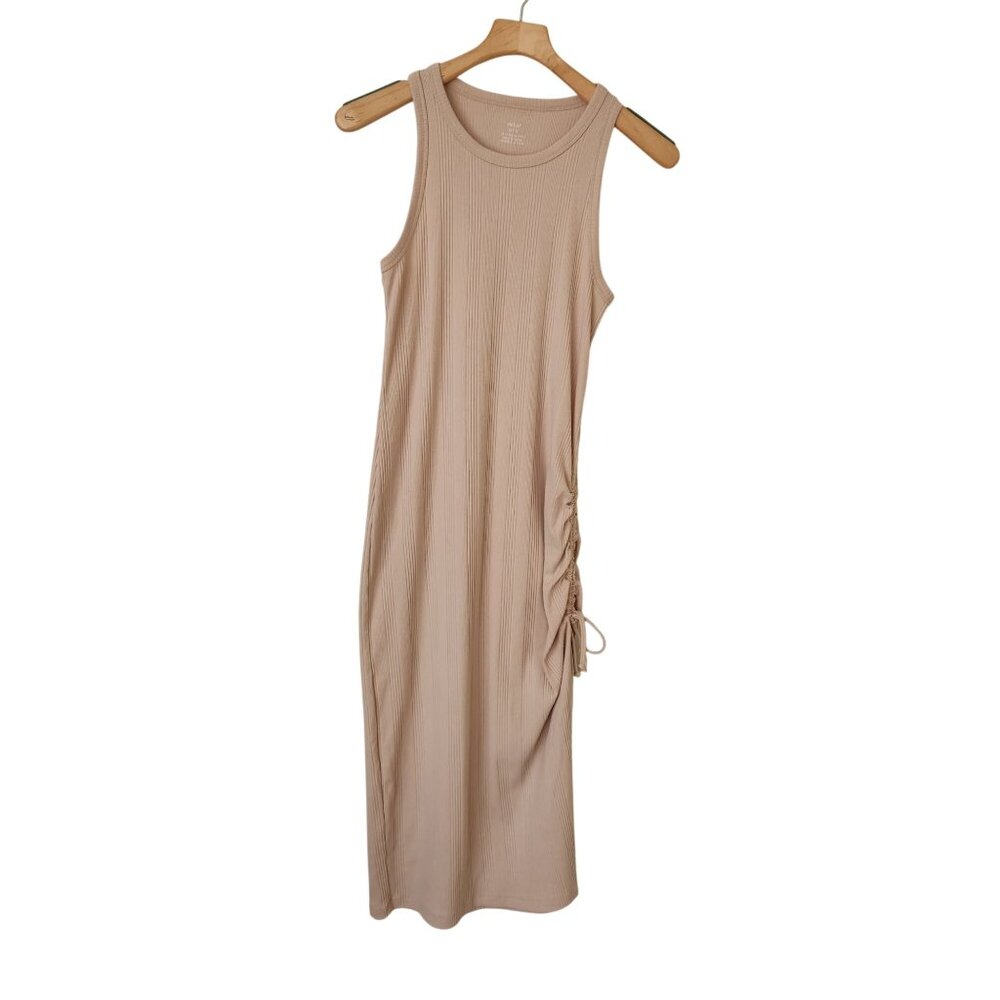 Aerie Beige Ribbed Ruched Fitted Midi Tank Dress Summer Beach Vacation Sexy Glam - Picture 3 of 8
